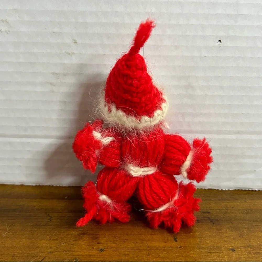 Vintage MCM Handmade Yarn Santa Claus Knitted Hat Red White 4” Plush ornament